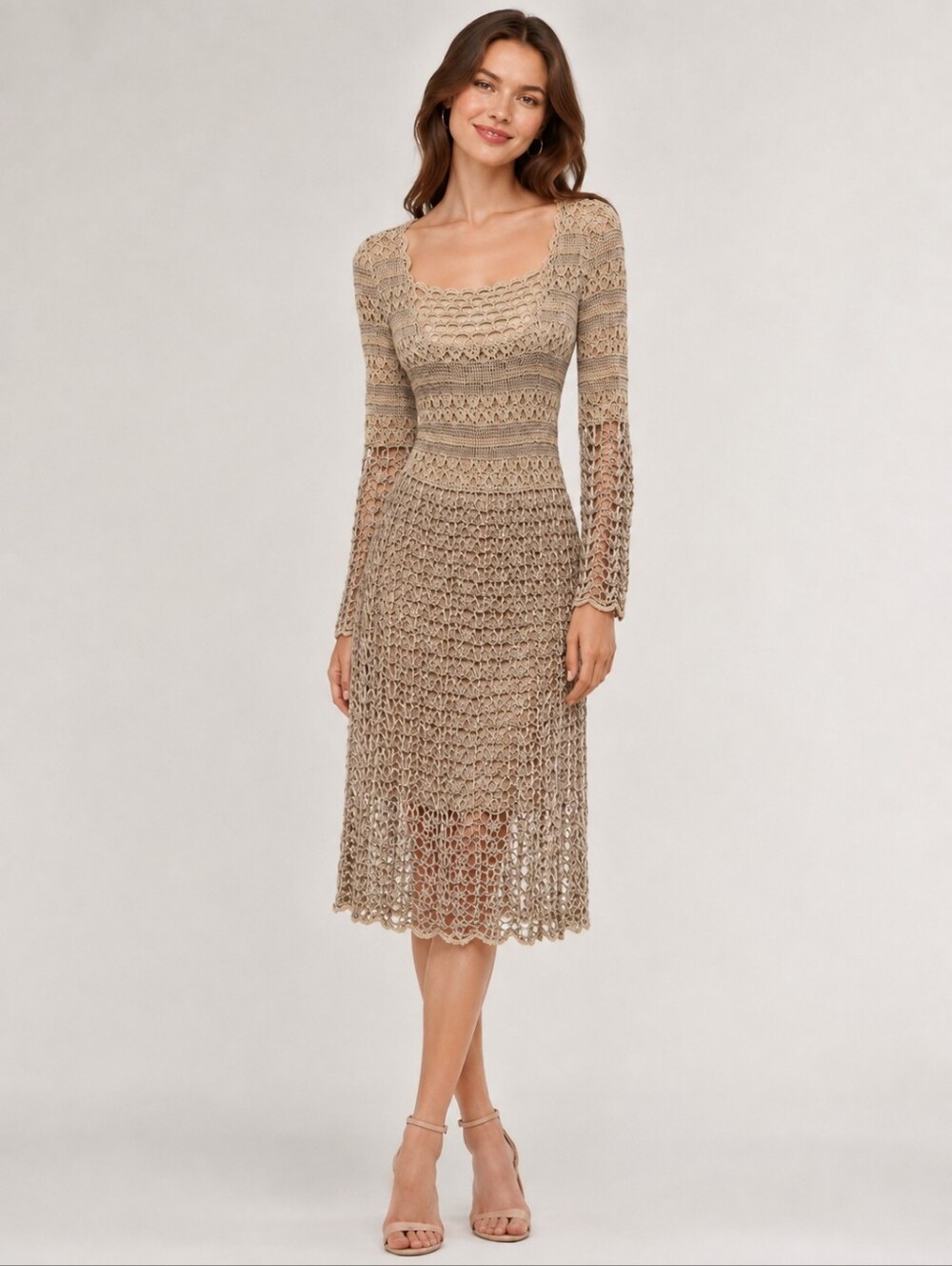 EUC Leifnotes women's tan gold Crochet dress S